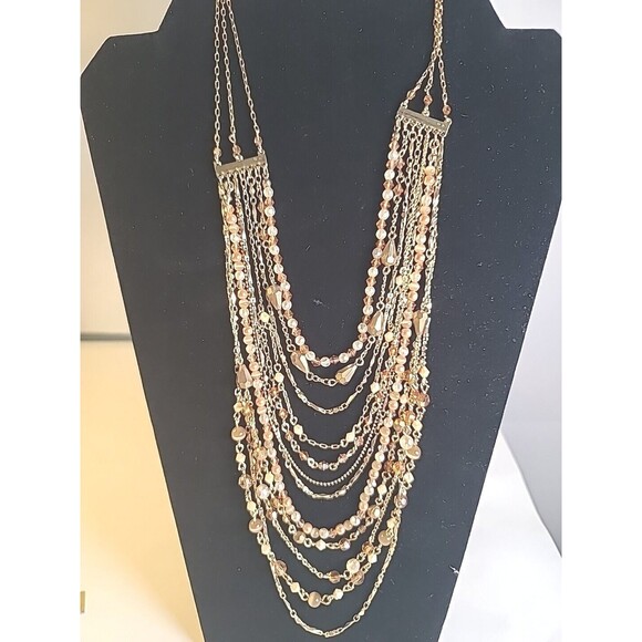 Stunning Vintage Nancy and Rise 12 strand Champagne & Gold Tone Necklace 26" - Picture 2 of 6